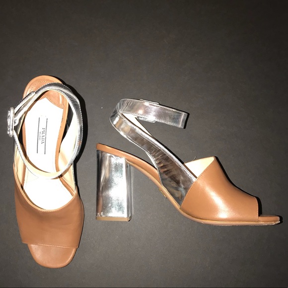 PRADA METALLIC-BROWN MID HEEL SANDALS - Picture 3 of 3